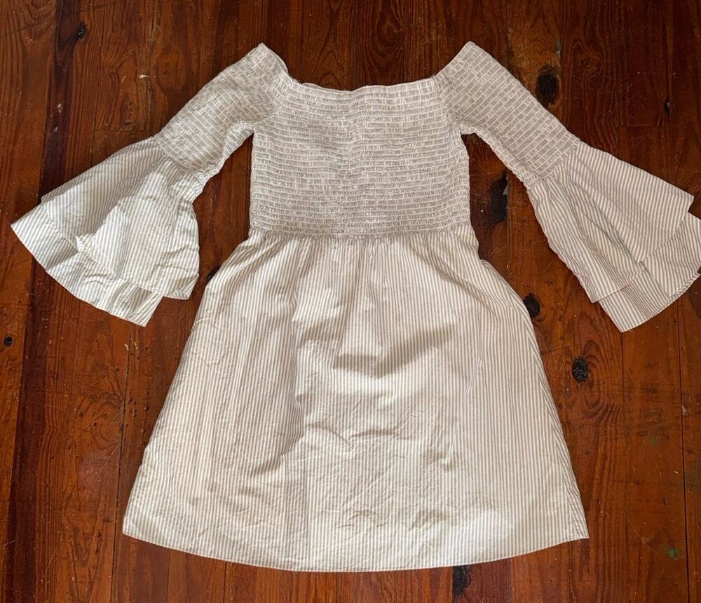 Amanda Uprichard Revolve Tan White Stripe Flare Ruffle Sleeve Smocked Dress Sz M